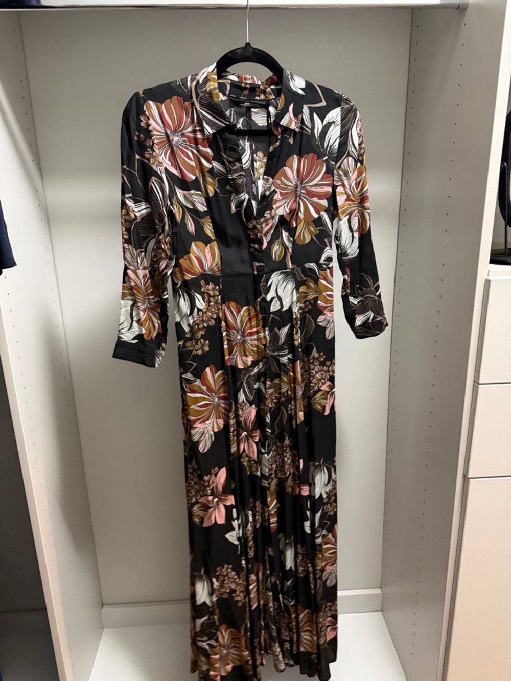 Zara Black Maxi Dress with Pink, Brown & Cream Floral Print